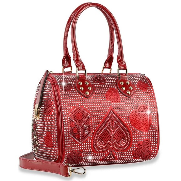 Handbags - Women's Red Rhinestone Gaming Design Satchel Top Handle Satchel Handbag